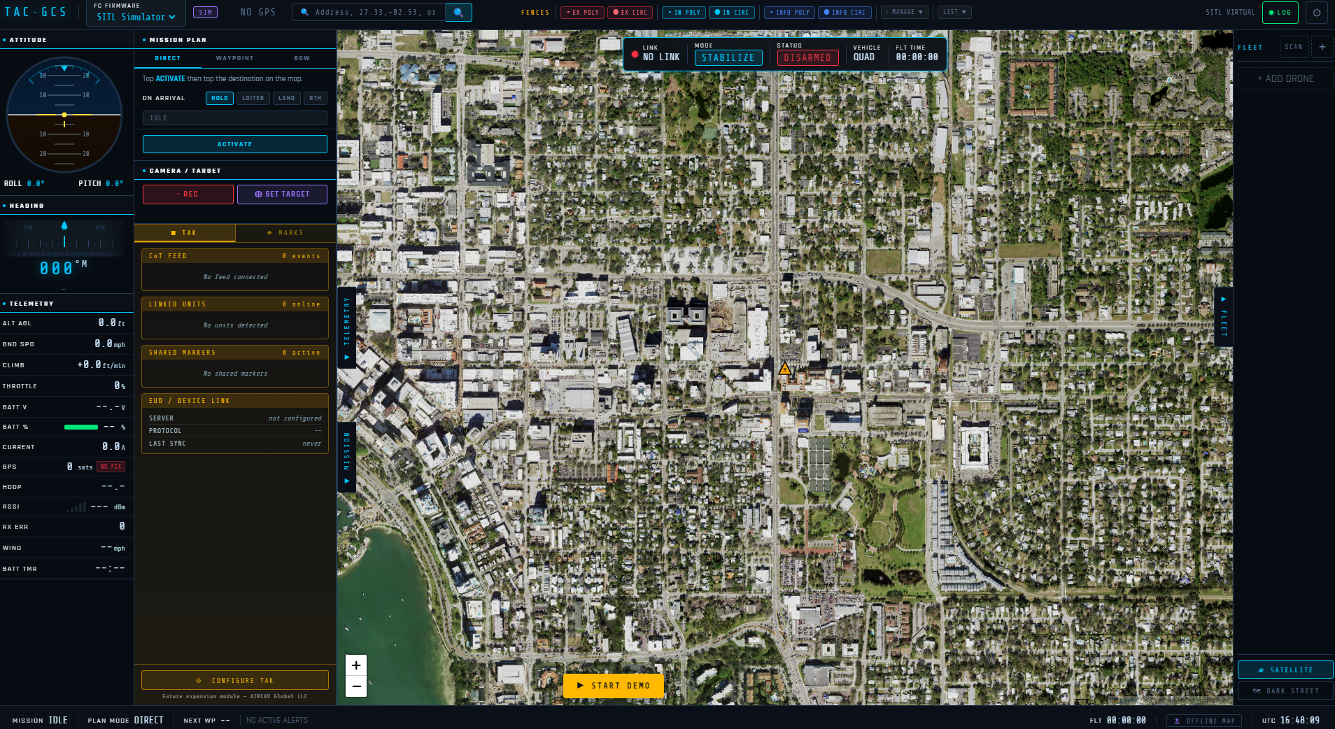 TAC-GCS command interface showing satellite mapping, telemetry, mission controls and fleet state
